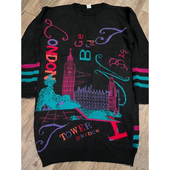 DORKOUB Womens Black Knit Sweater London Bridge Big Ben Colorful Small EUC - Picture 1 of 14